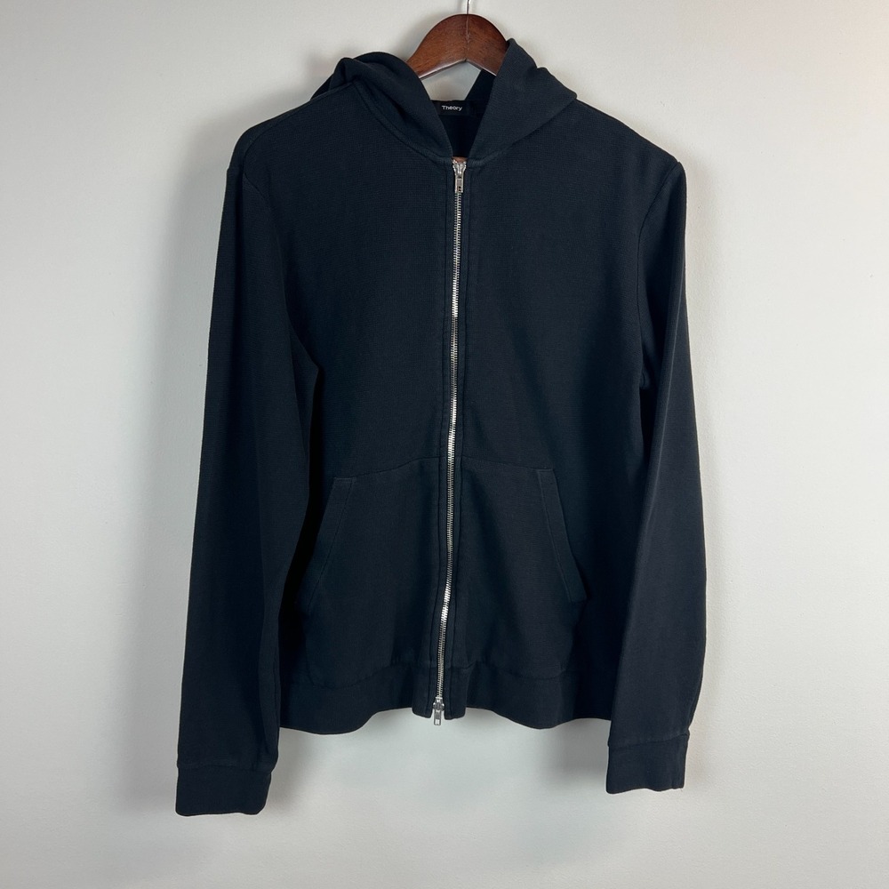 Theory Ridge Waffle Knit Hoodie Mens Medium Black Full Zip Pockets Stretch M
